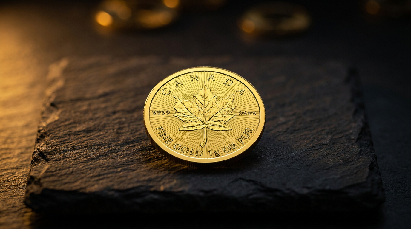 1 Gramm Gold Maple Leaf im Blister auf dunklem Naturstein