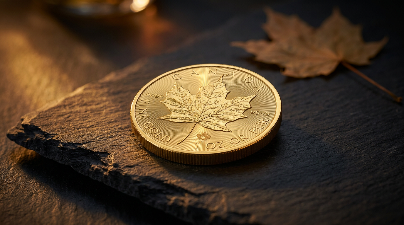 1 Unze Gold Maple Leaf 2026 auf dunklem Schiefer in warmem Streiflicht