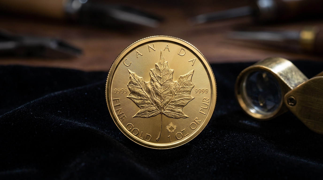 1 Unze Gold Maple Leaf 2024 auf schwarzem Samt neben einer Juwelierlupe, Streiflicht auf den Radiallinien