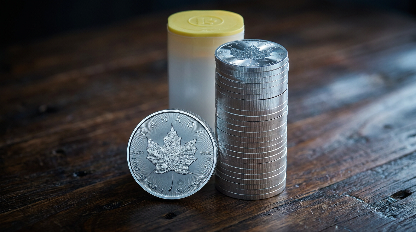 25 Silber Maple Leaf 2026 mit Münzröhre auf dunklem Holz in kühlem Streiflicht