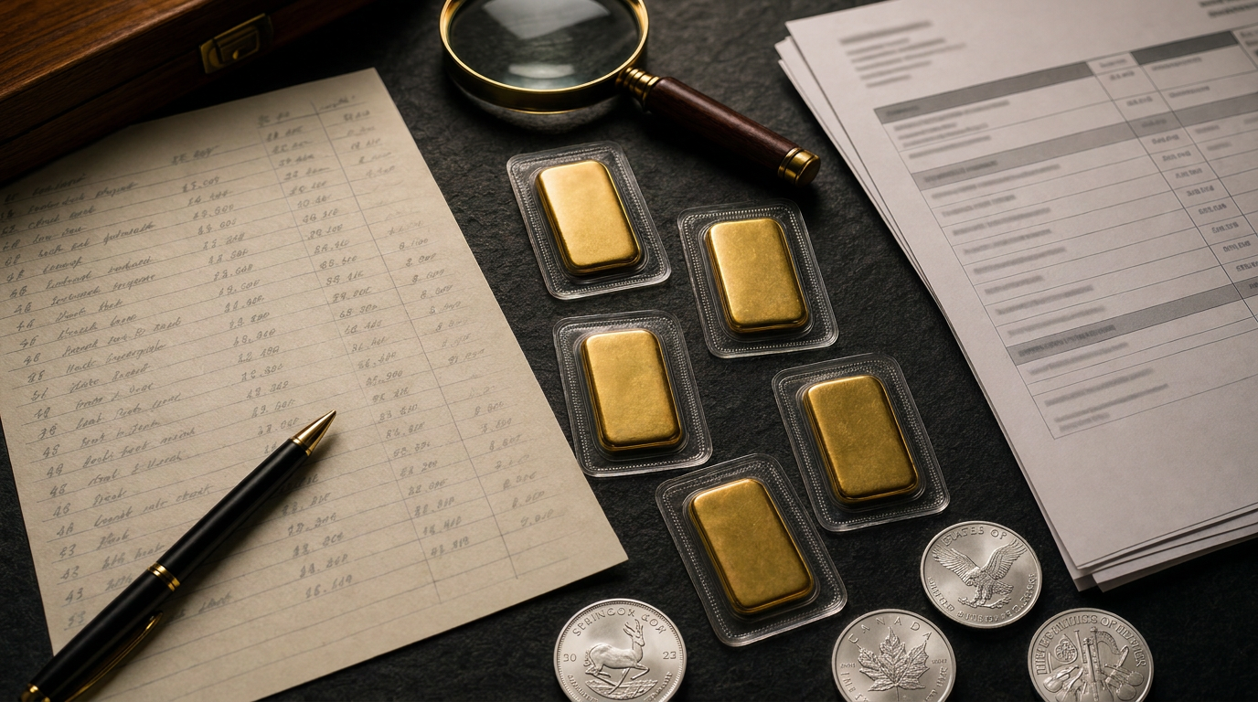 Inventarliste, Kaufbelege und geprägte Münzen neben verpackten Goldbarren auf dunkler Schieferplatte