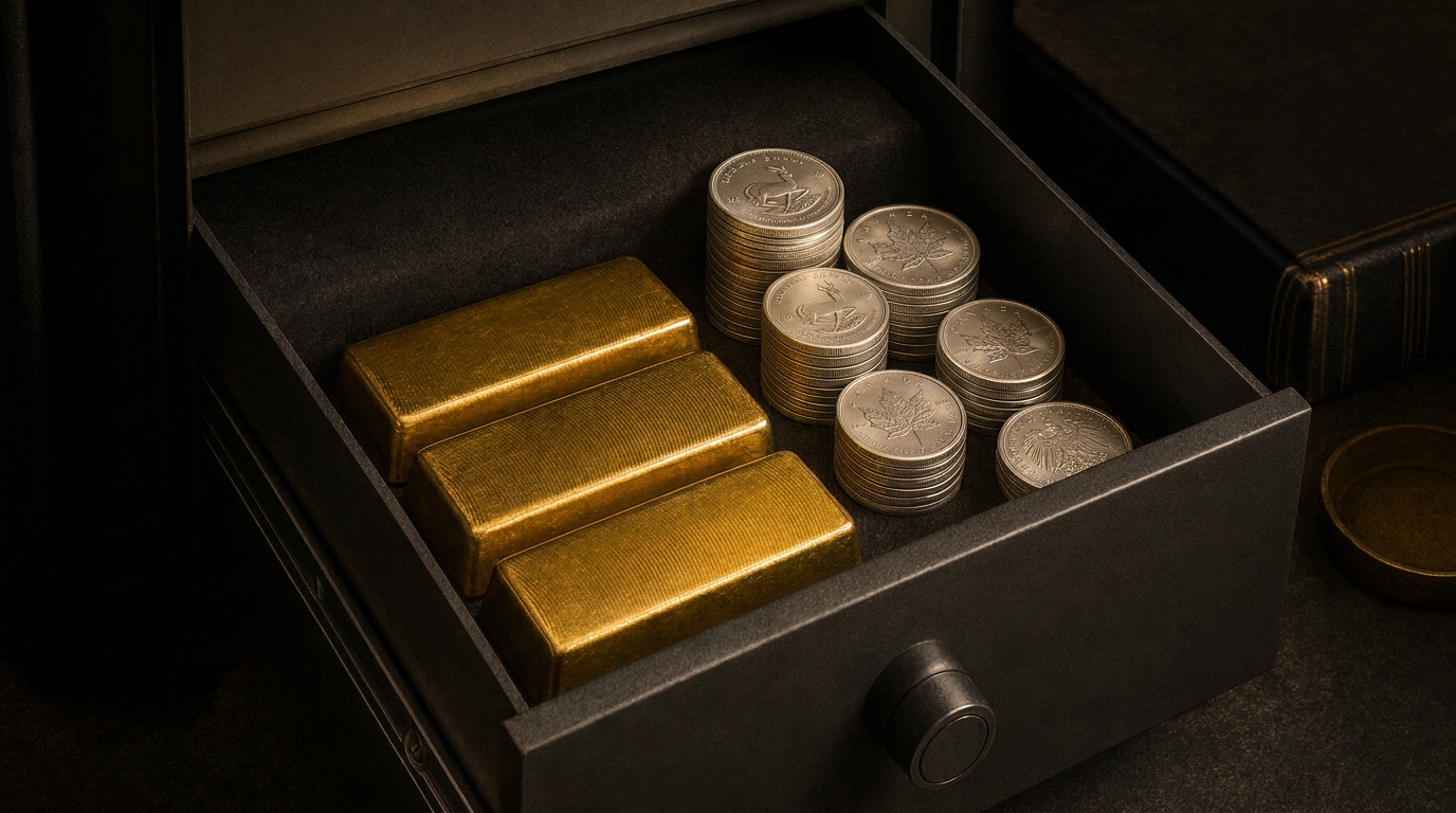 Geöffnetes Tresorfach mit sortierten Goldbarren und geprägten Silbermünzen