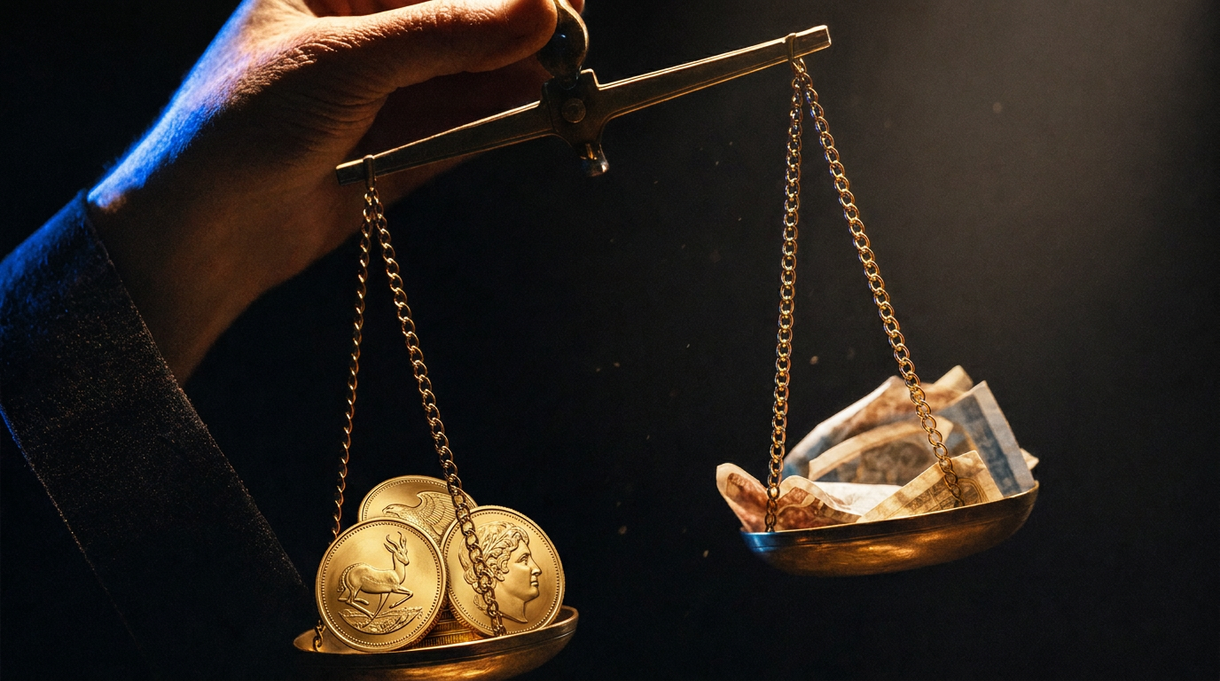 Symbolbild: Waage mit geprägten Goldmünzen auf der einen und Banknoten auf der anderen Seite, die Metallseite neigt sich nach unten