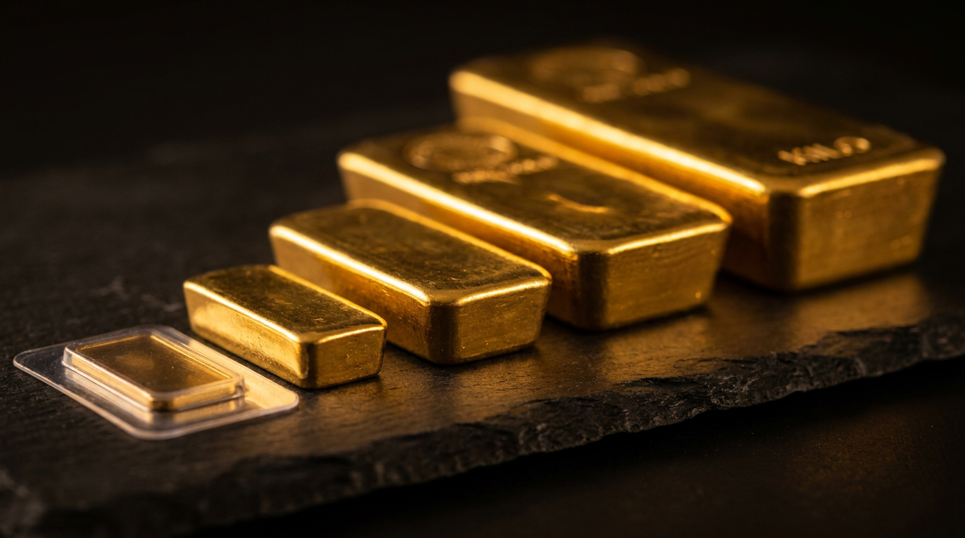 Goldbarren in aufsteigenden Größen von Grammbarren bis Kilobarren auf dunklem Untergrund