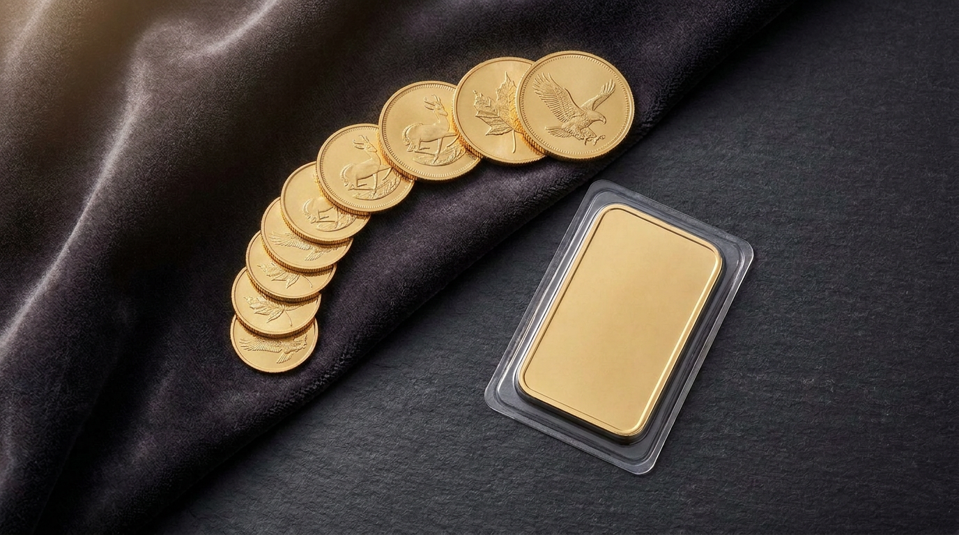 Kleine geprägte Goldmünzen in verschiedenen Größen neben einem verschweißten Goldbarren auf dunklem Untergrund