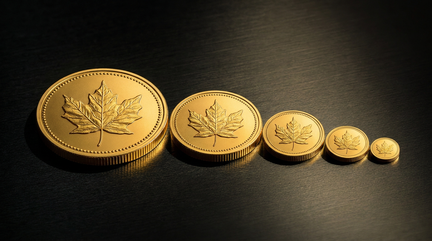 Geprägte Goldmünzen in absteigender Größe nebeneinander auf dunklem Untergrund