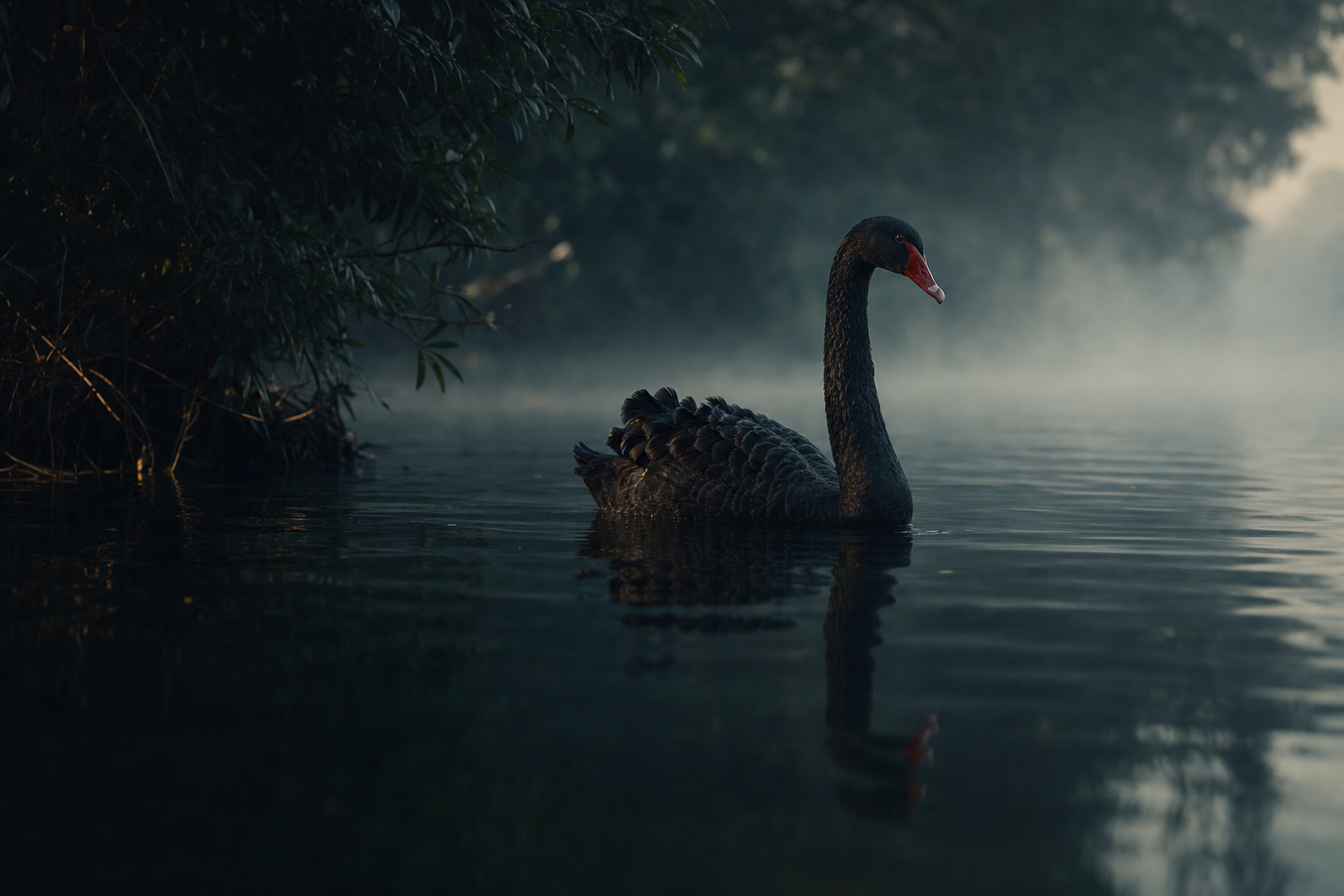 Schwarzer Schwan gleitet im Morgennebel über ruhiges Wasser