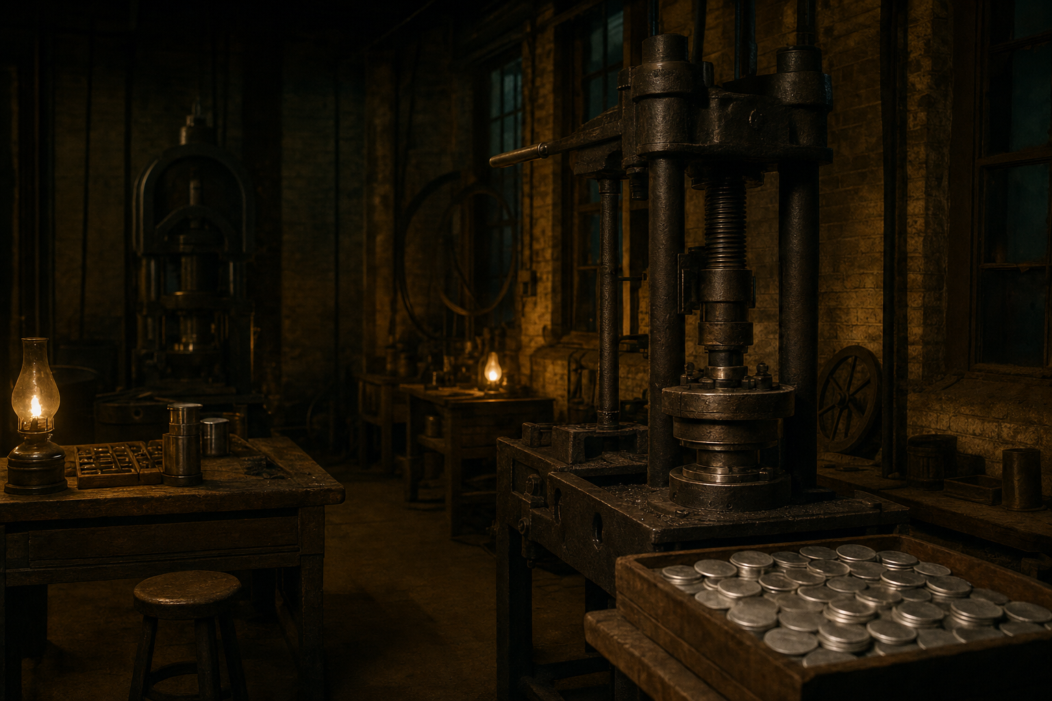 Historische Prägewerkstatt des 19. Jahrhunderts mit Spindelpresse und Silberronden im Lampenlicht