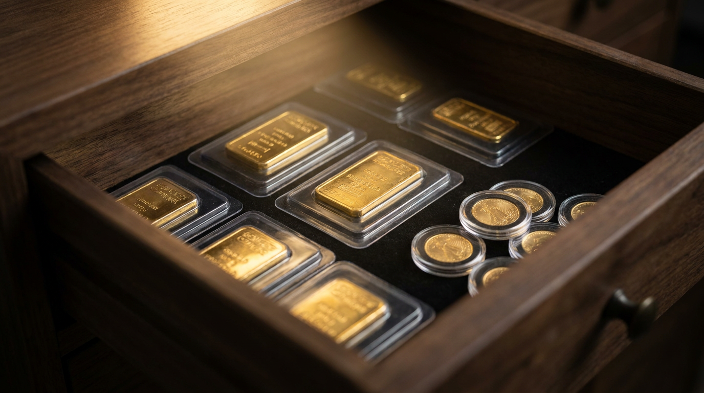 Goldbarren in versiegelter Verpackung und Goldmünzen in Kapseln in einem dunklen Tresorfach