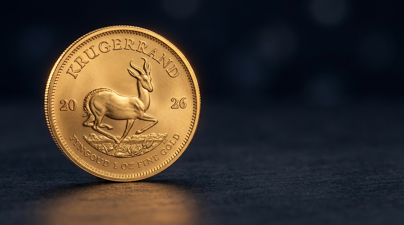 1-Unze-Goldmünze Krügerrand im warmen Streiflicht auf dunklem Schiefer