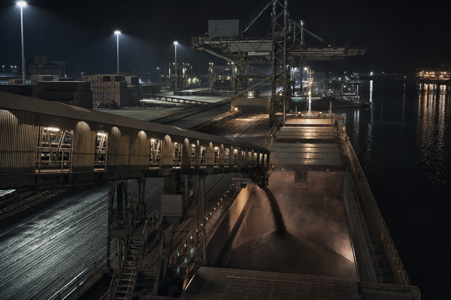 Nächtliche Verladung von Mineralkonzentrat in einem Pazifikhafen auf ein Frachtschiff
