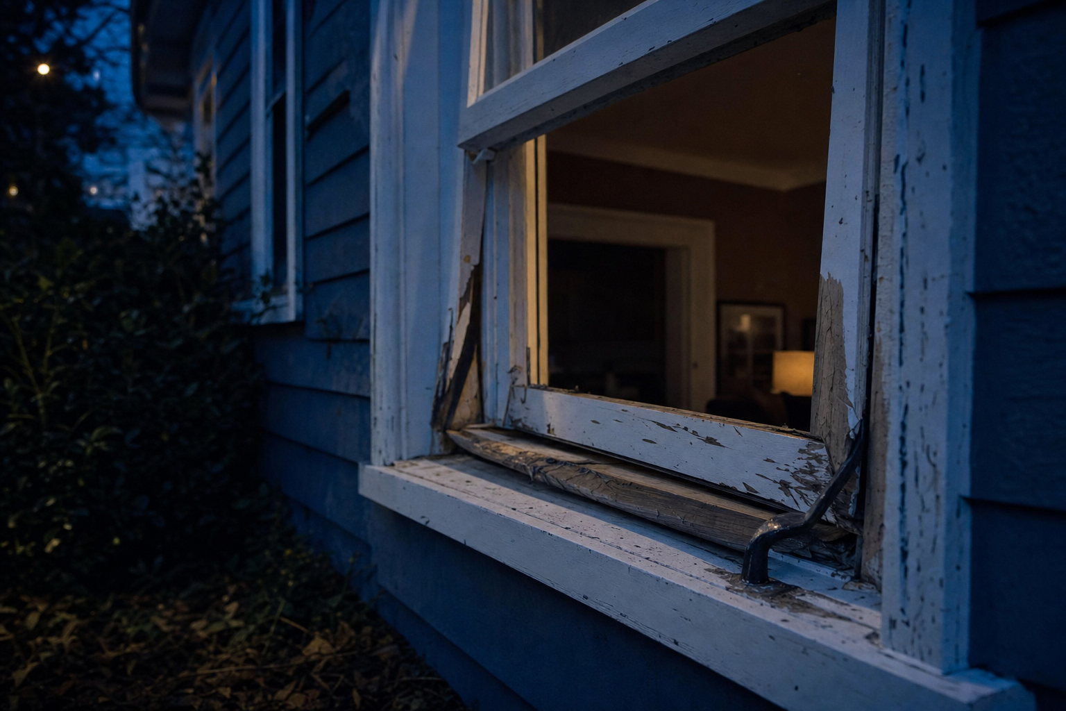 Aufgehebeltes Erdgeschossfenster eines Wohnhauses in der Abenddämmerung