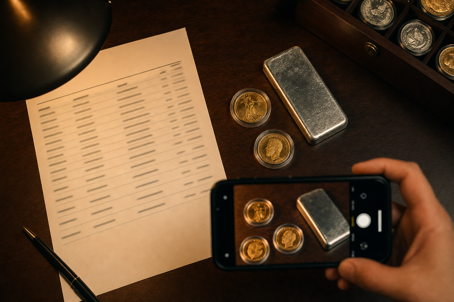 Bestandsliste, Münzkapseln und Smartphone-Aufnahme auf einem Schreibtisch