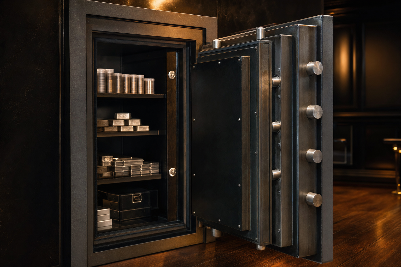 Geöffneter Wertschutzschrank mit massivem Riegelwerk und Münzröhrchen im Innenraum