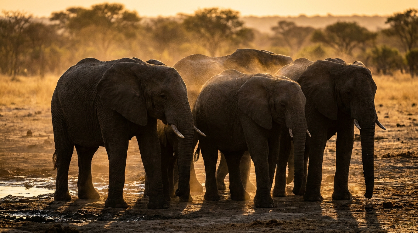 Elefantenherde am Wasserloch in der afrikanischen Savanne im Abendlicht