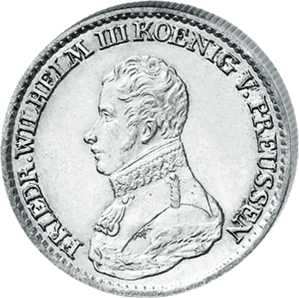 Silberner 1/6 Taler König Friedrich Wilhelms III. von Preußen, Vorder- und Rückseite mit der Wertangabe Vier Groschen