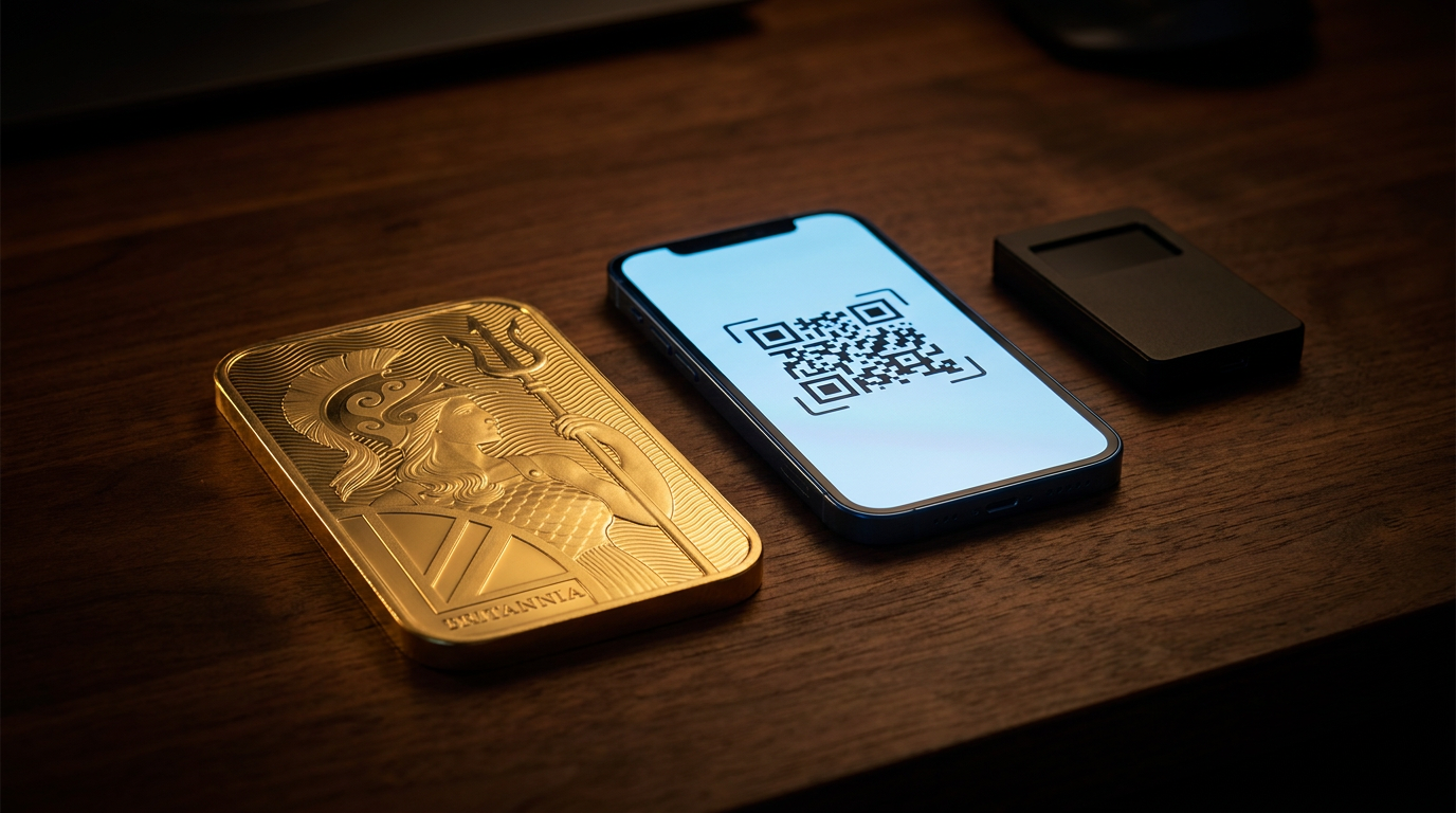 1 Unze Goldbarren Britannia von The Royal Mint neben Smartphone mit Zahlungscode und Hardware-Wallet auf dunklem Schreibtisch