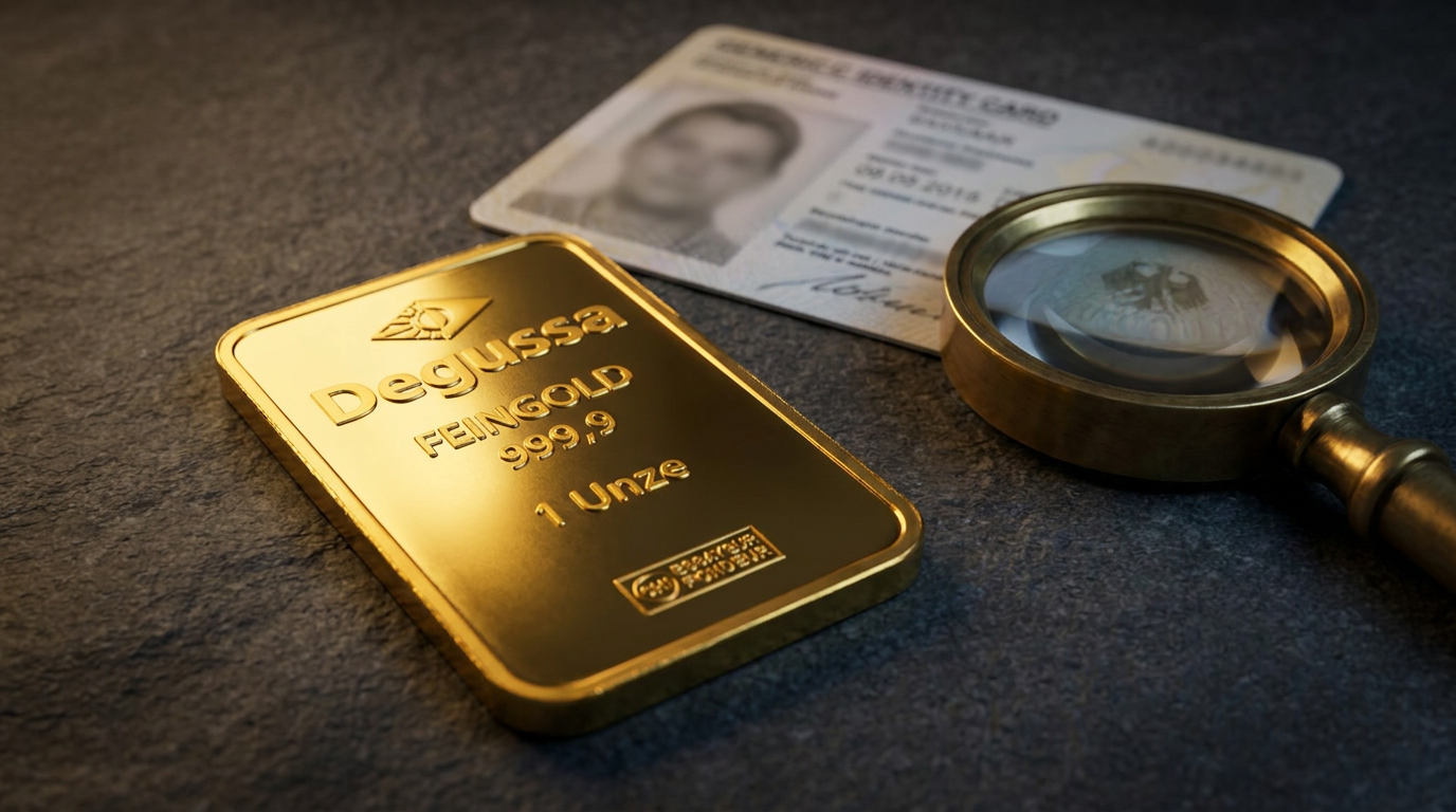 1 Unze Goldbarren Degussa neben Ausweisdokument und Lupe auf grauem Schreibtisch als Sinnbild für die Identifizierungspflicht