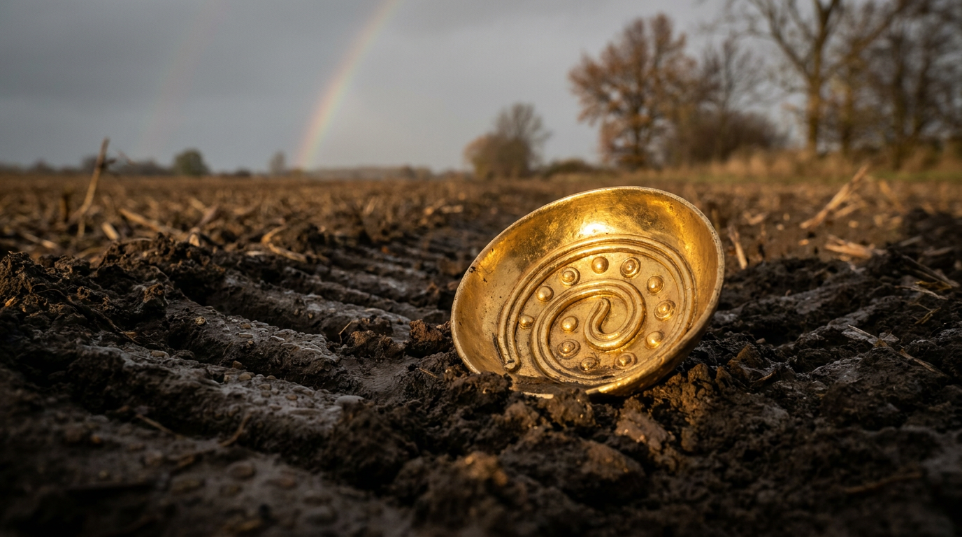 Schüsselförmige keltische Goldmünze in einer feuchten Ackerfurche, dahinter ein Regenbogen