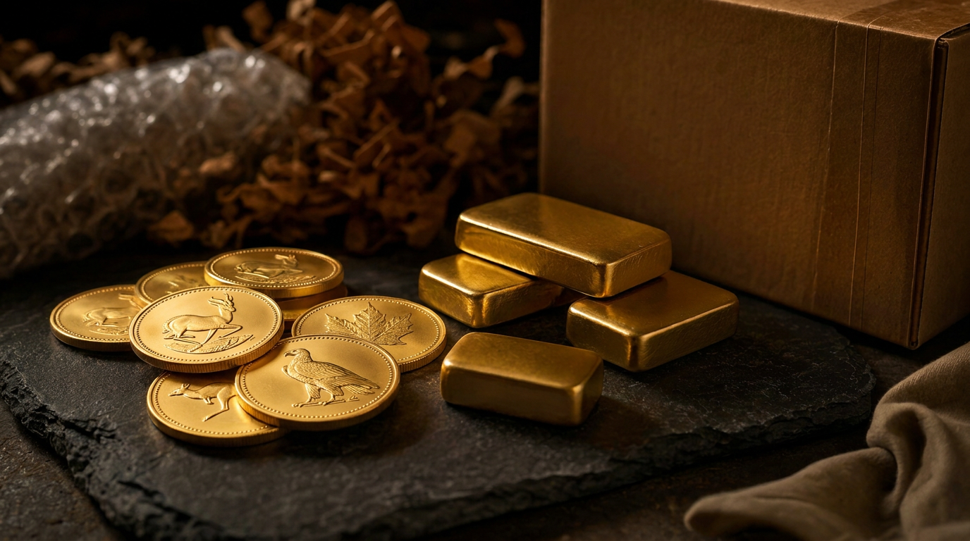 Goldmünzen mit Springbock-, Ahornblatt-, Känguru- und Adlermotiv neben kleinen Goldbarren und einem Versandkarton