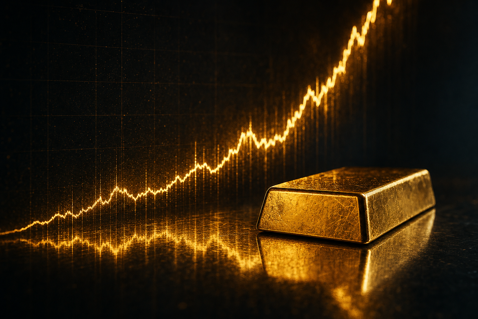 Abstrakte, steil ansteigende Kurve in Goldtönen neben einem Goldbarren