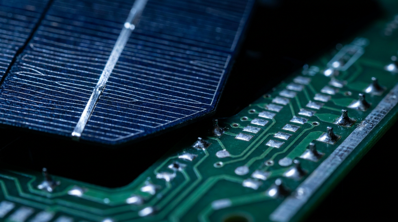 Makroaufnahme einer Solarzelle mit feinen Silberleiterbahnen neben einer Platine mit Kontakten