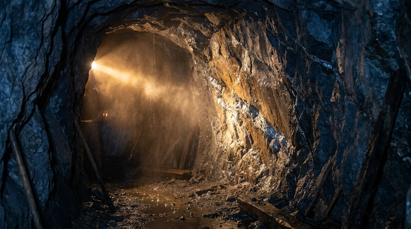 Erzgang mit silberhaltigem Gestein in einem beleuchteten Bergwerksstollen