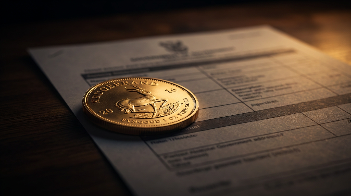 Goldmünze Krügerrand zu einer Unze auf einem amtlichen Dokument mit Tabellen