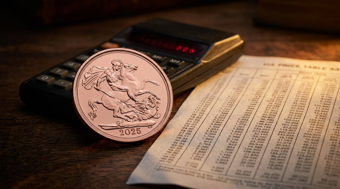 Sovereign-Goldmünze neben Taschenrechner und Preistabelle auf dunklem Holz