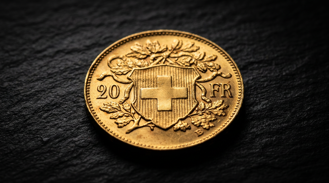 Vreneli-Goldmünze zu 20 Franken auf dunklem Schiefer im Streiflicht