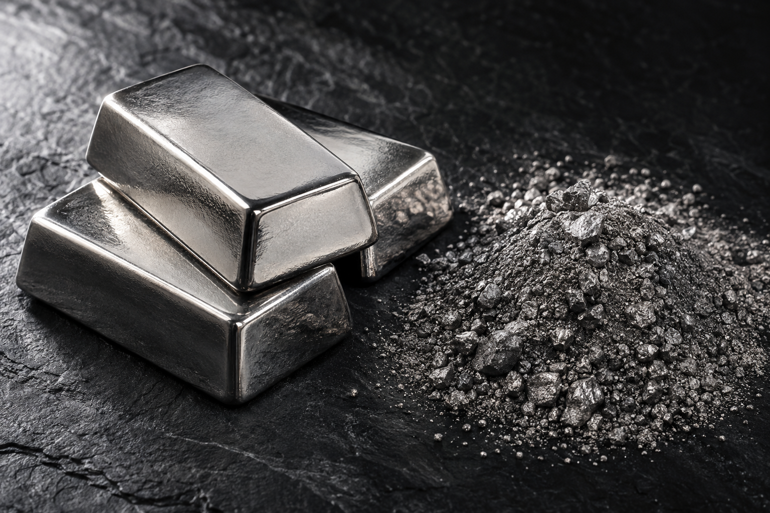 Neutrale Platinbarren neben grobem Erzkonzentrat auf dunklem Schiefer