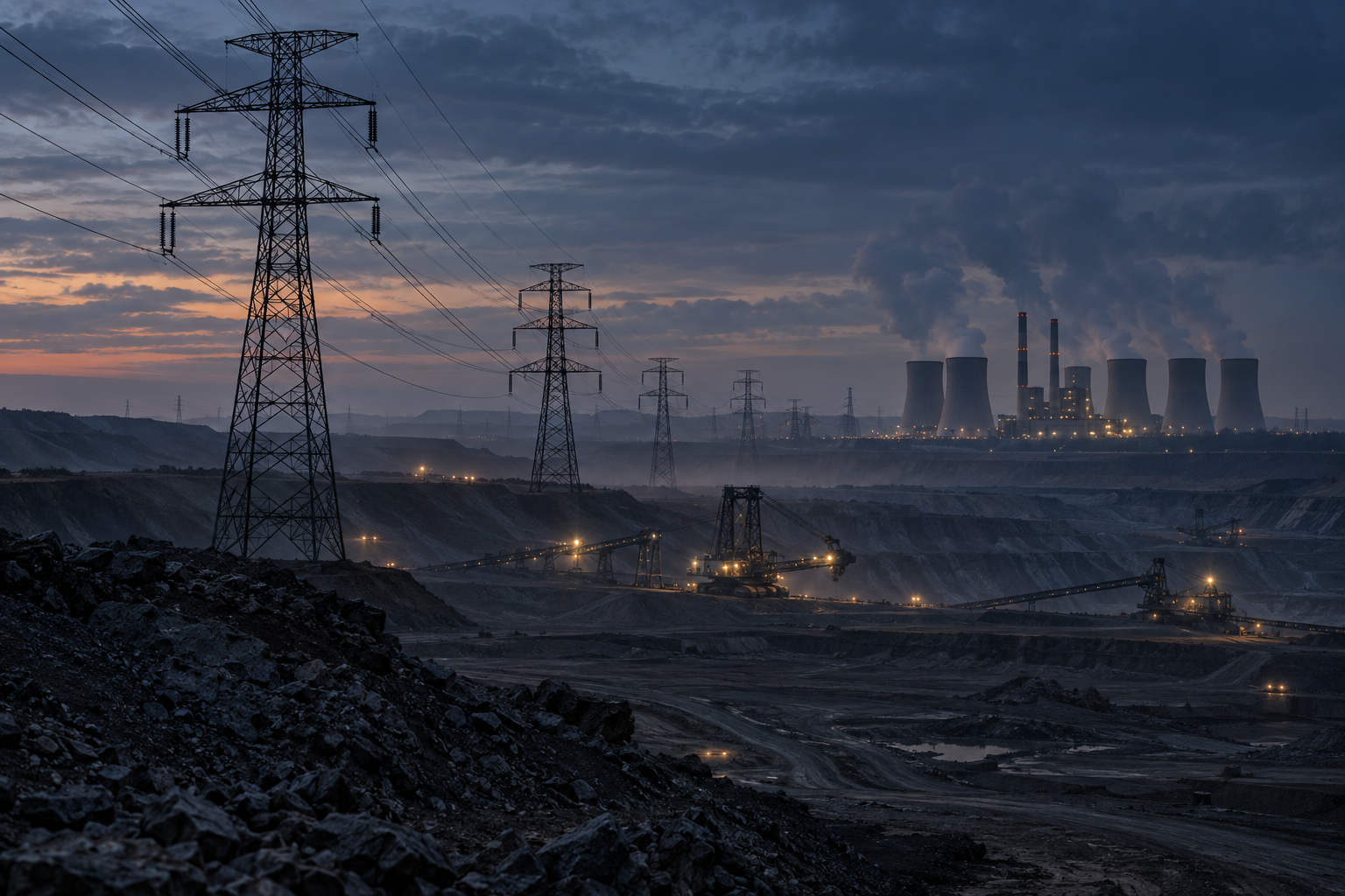 Hochspannungsleitungen über einer trockenen Bergbaulandschaft in der Dämmerung