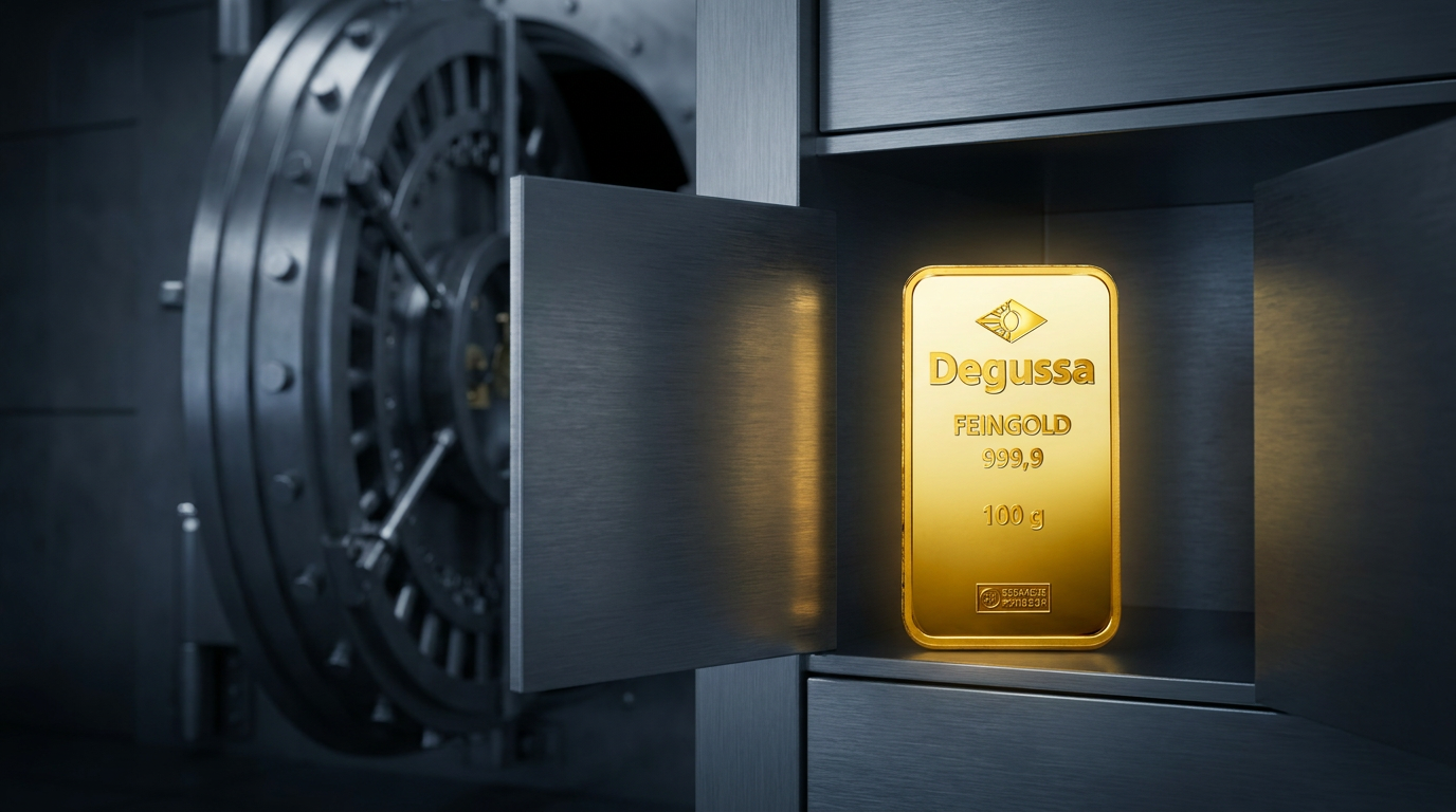 100-g-Goldbarren von Degussa ruhig in einem Tresorfach aus Stahl, im Hintergrund die schwere Tresortür