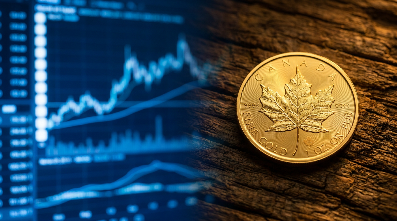 Unscharfer Handelsbildschirm in kaltem Licht neben einer Goldmünze Maple Leaf 2026 in warmem Licht
