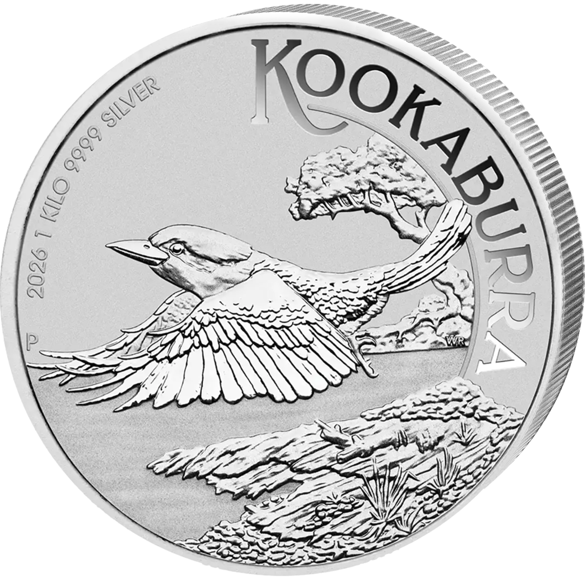 1 kg Silber Kookaburra 2026 der Perth Mint mit dem fliegenden Kookaburra vor australischer Landschaft