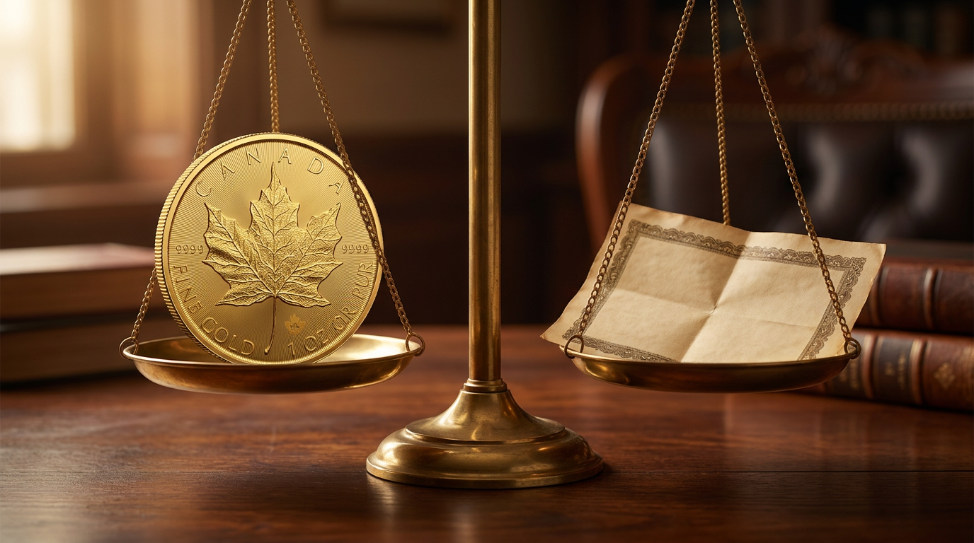 Goldmünze Maple Leaf in der Schale einer alten Messingwaage, gegenüber ein Anleihepapier