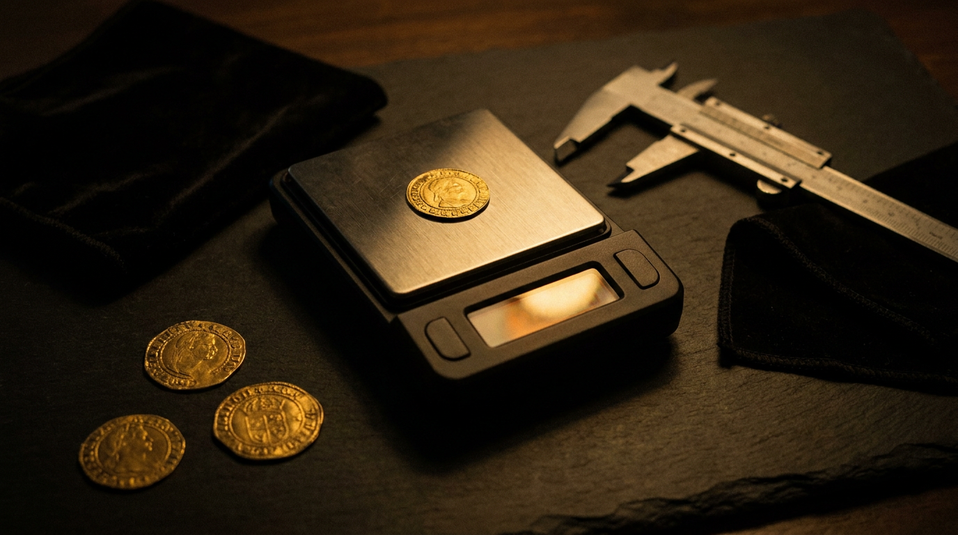 Goldmünze auf einer Feinwaage, daneben ein Messschieber und weitere Goldmünzen