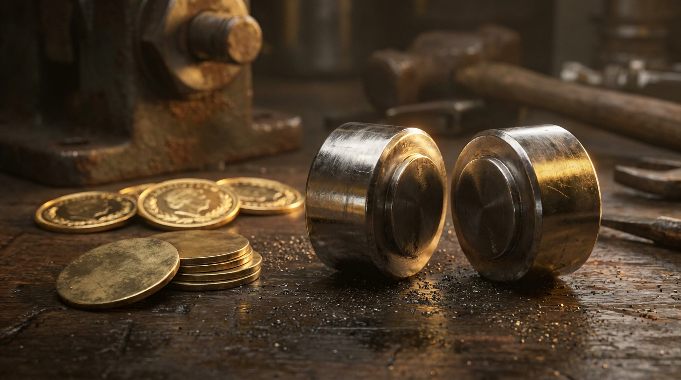 Prägestempel aus Stahl und goldene Münzrohlinge auf einer dunklen Werkbank