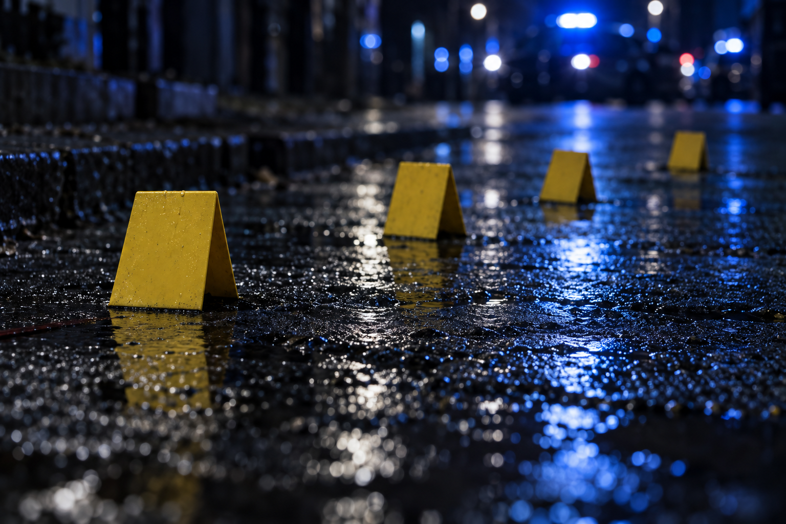 Gelbe Spurenmarkierungen der Spurensicherung stehen auf nassem Asphalt bei Nacht