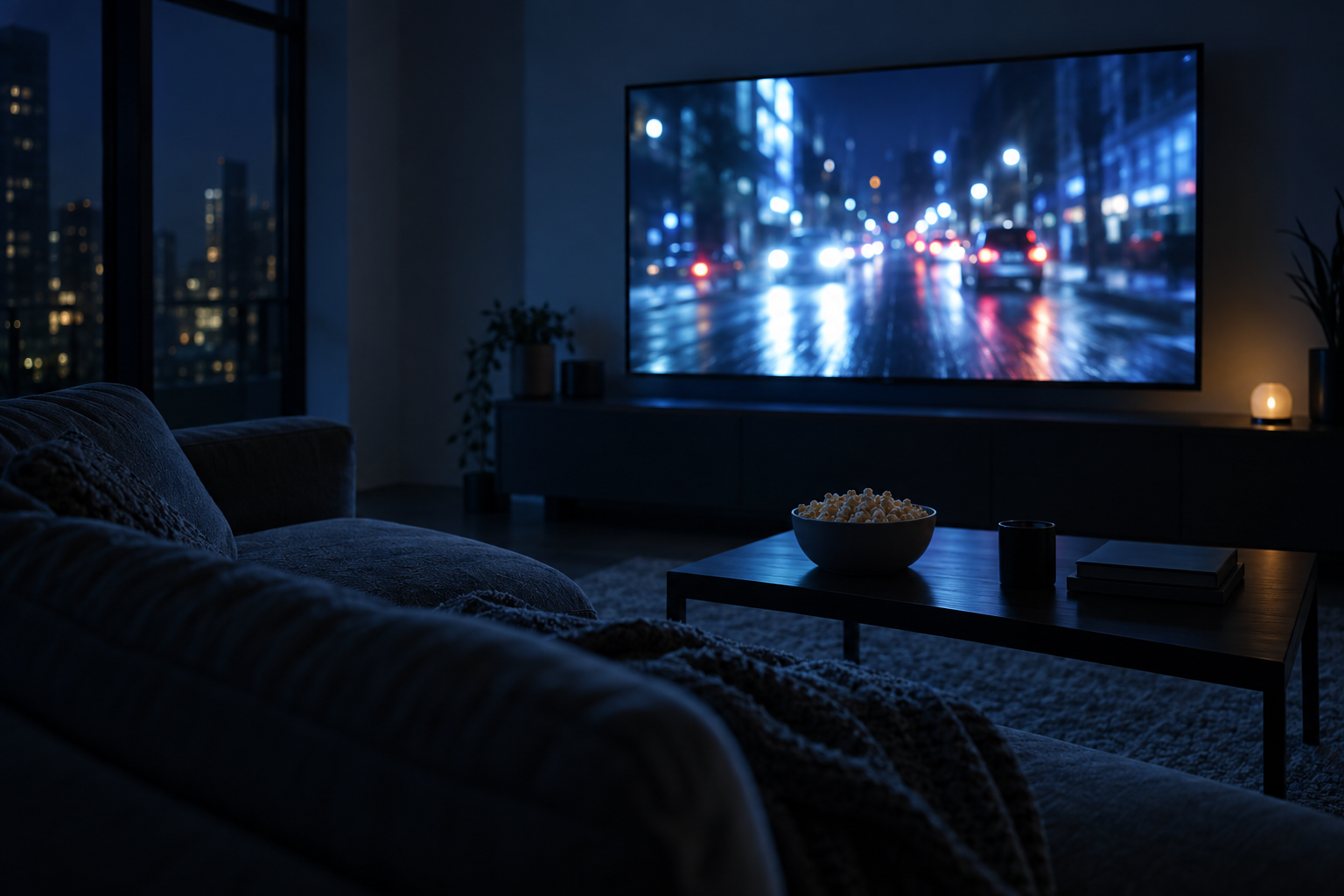 Dunkles Wohnzimmer, das Licht eines Bildschirms fällt auf ein leeres Sofa