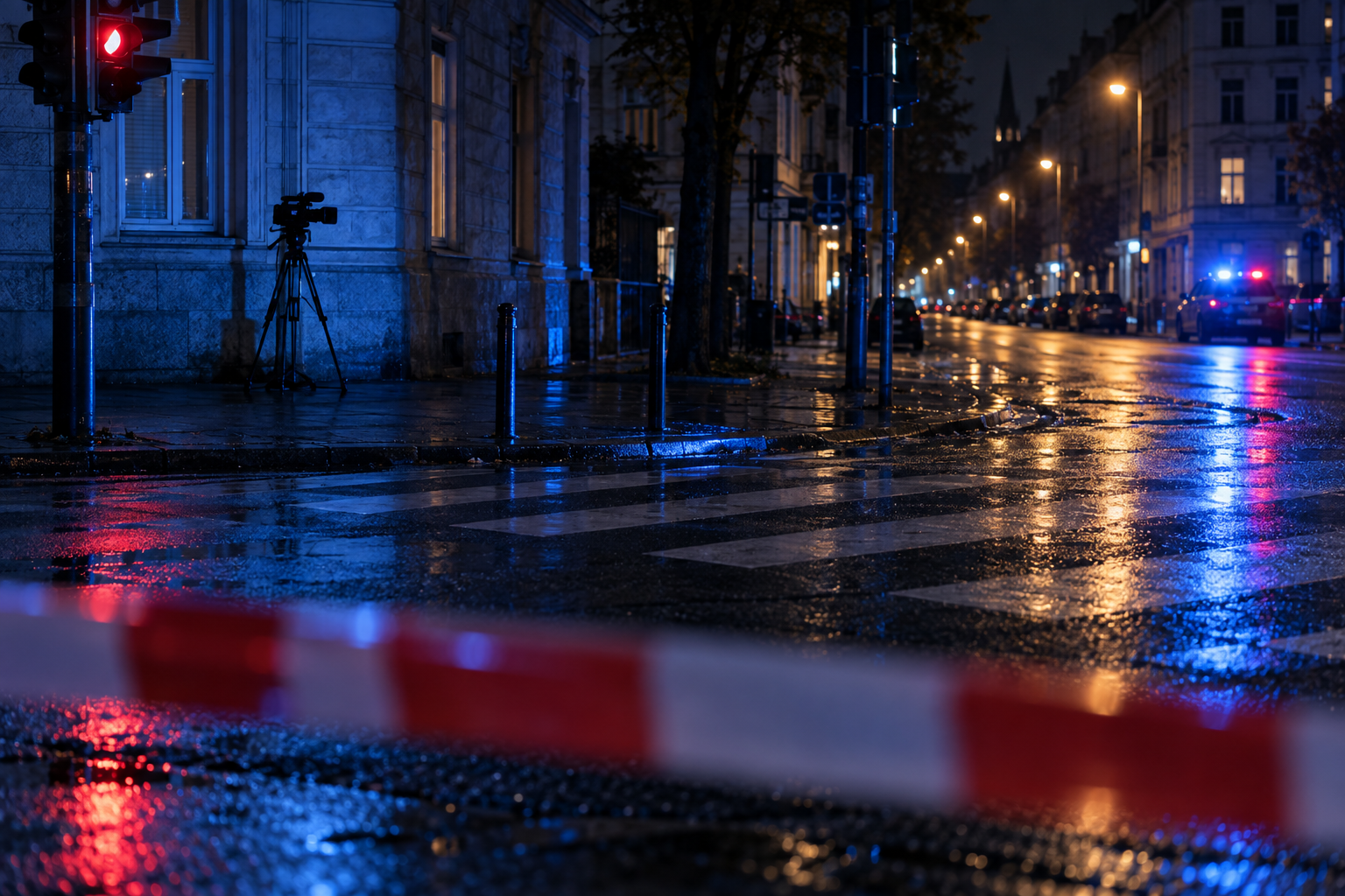Nächtliche Straßenkreuzung mit Absperrband und einem Kamerastativ, Blaulicht spiegelt sich auf nassem Asphalt