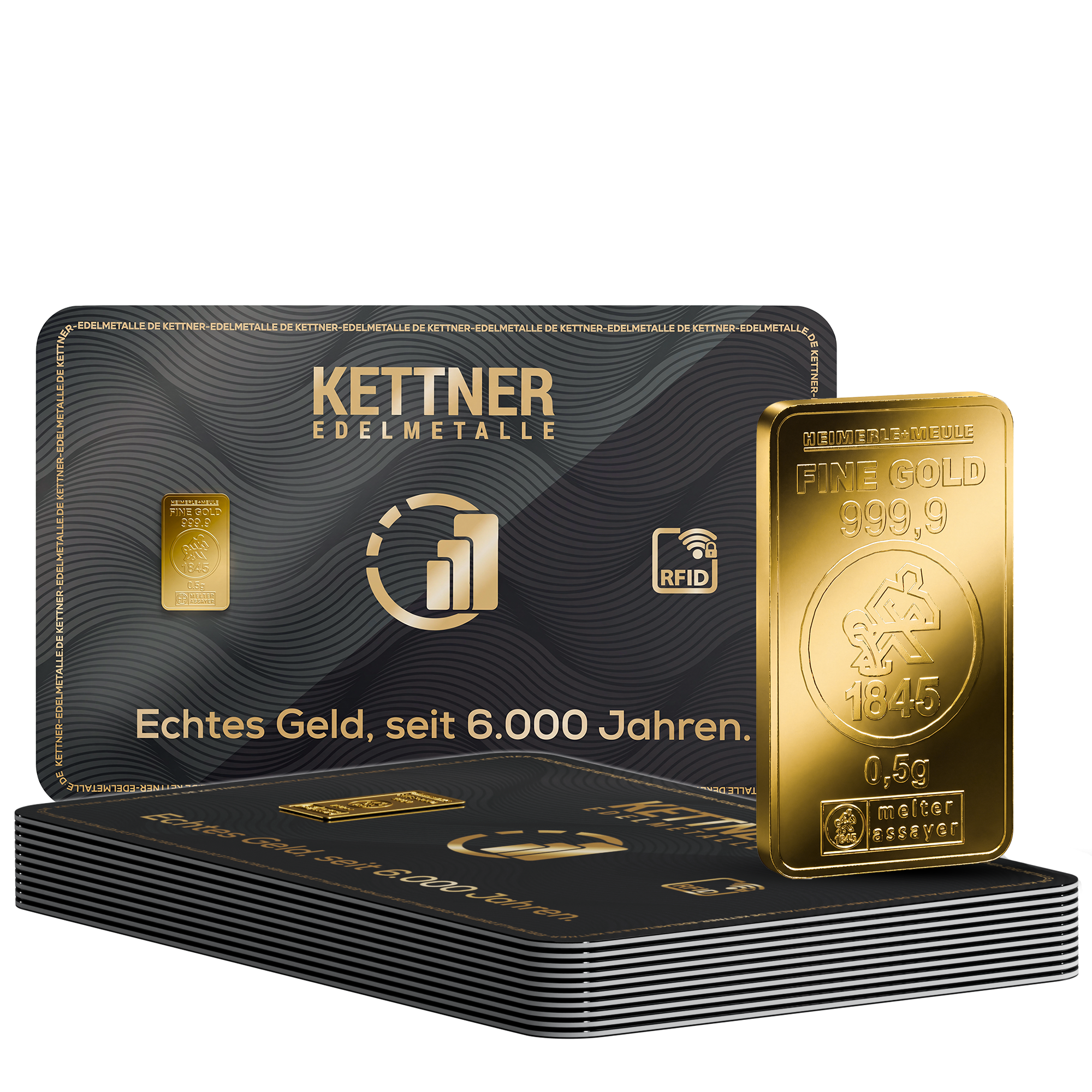 Paket mit zehn 0,5-Gramm-Goldbarren von Heimerle und Meule, jeder Barren einzeln in einer Karte