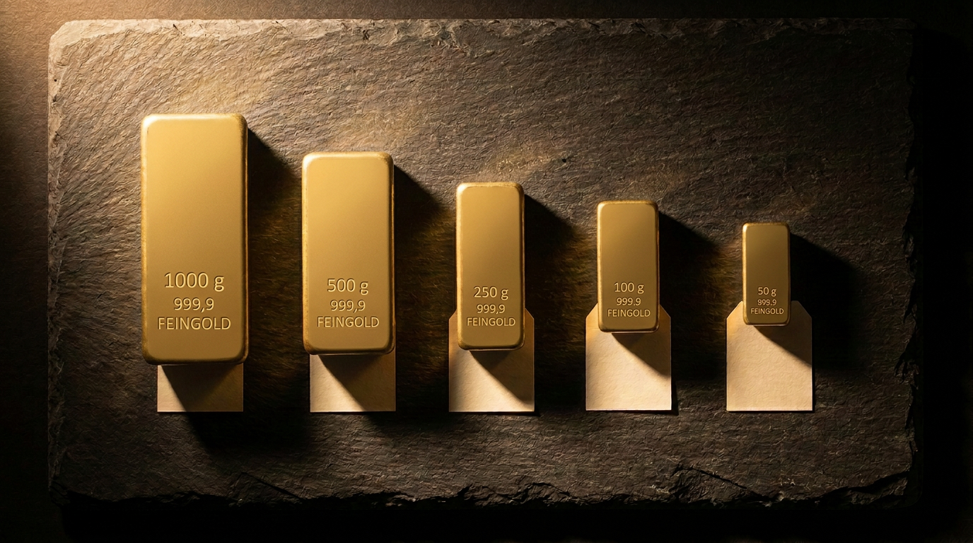 Fünf Goldbarren in absteigender Größe von einem Kilogramm bis 50 Gramm auf dunklem Schiefer
