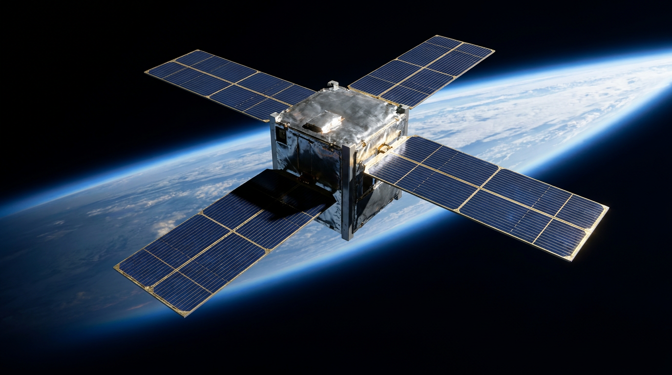 Würfelförmiger Kleinsatellit mit ausgeklappten Solarpaneelen im niedrigen Erdorbit vor der Erdkrümmung