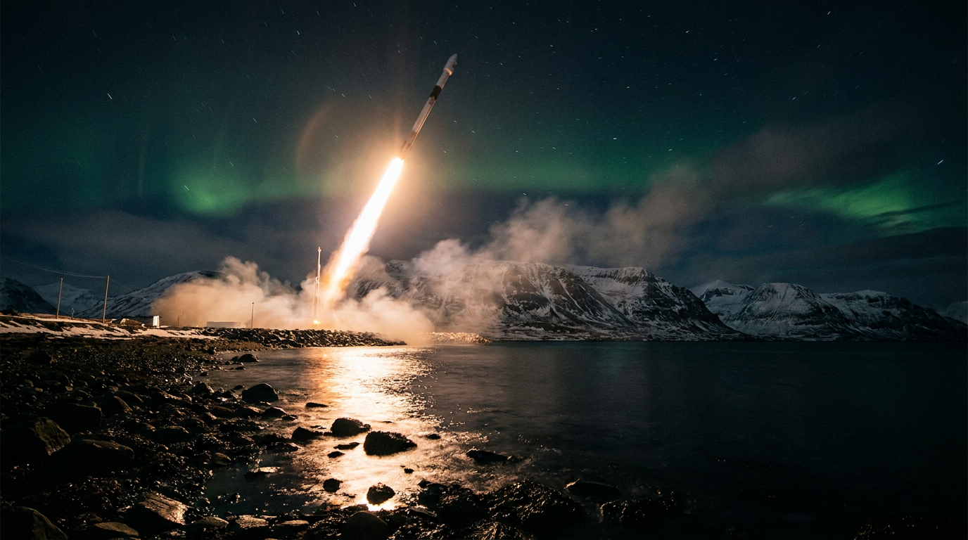 Zweistufige Trägerrakete hebt bei Nacht von einem Startplatz an der arktischen Küste ab, im Hintergrund Fjord und Polarlicht