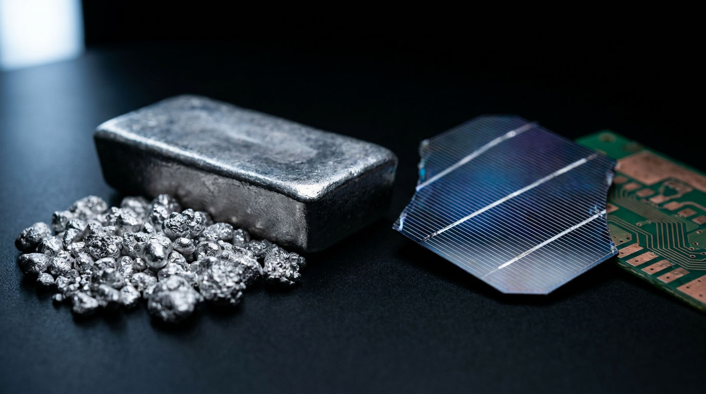 Silbergranulat und ein unmarkierter Silberbarren neben einem Solarwafer-Fragment und einer Platine in dunkler Studioaufnahme