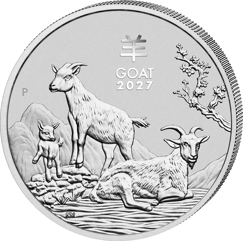 5-Unzen-Silbermünze Lunar III Ziege 2027 der Perth Mint in Stempelglanz