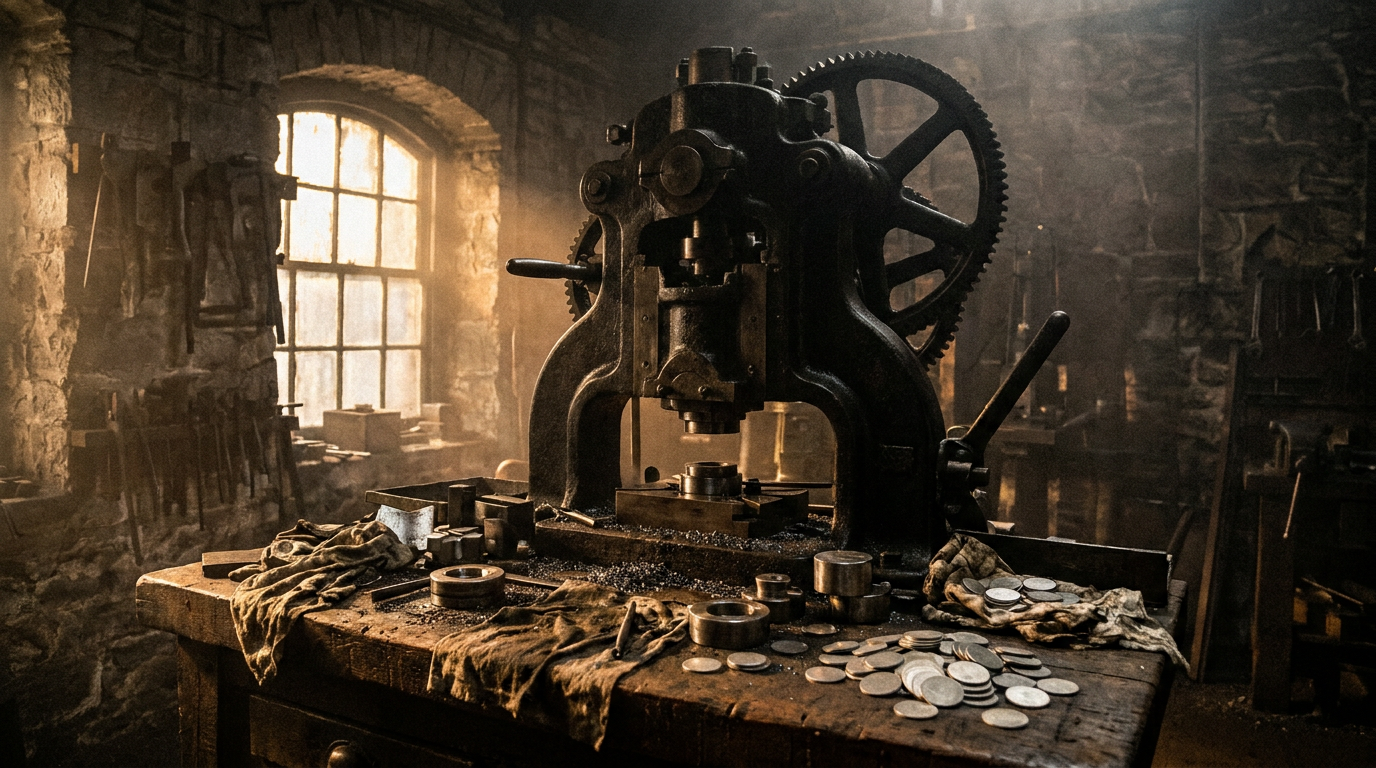 Alte Prägepresse mit Stempeln und Münzrohlingen in einer historischen Münzprägeanstalt