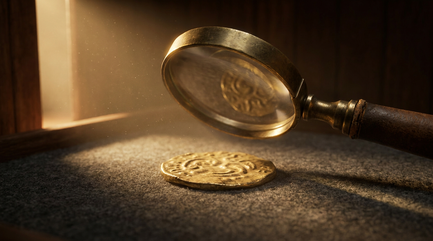 Lupe über der Oberfläche einer historischen Goldmünze auf dunklem Filz