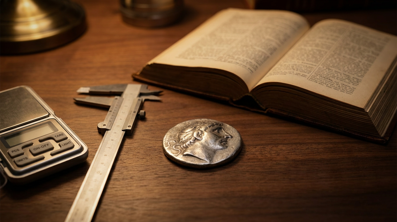 Antike Silber-Tetradrachme auf einem Holztisch neben Feinwaage, Messschieber und Bestimmungsbuch